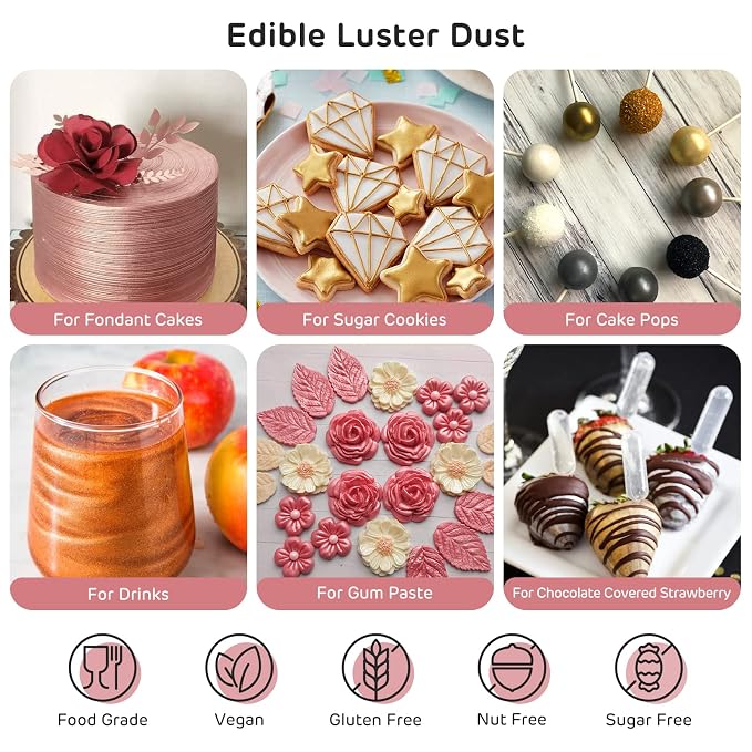Nomeca Edible Luster Dust, 8 Grams Food Grade Shimmer Gold Cake Dust Metallic Food Coloring Powder for Cake Decorating, Baking, Fondant, Gumpaste, Chocolate, Candy, Drinks, Cookies - Rose Gold