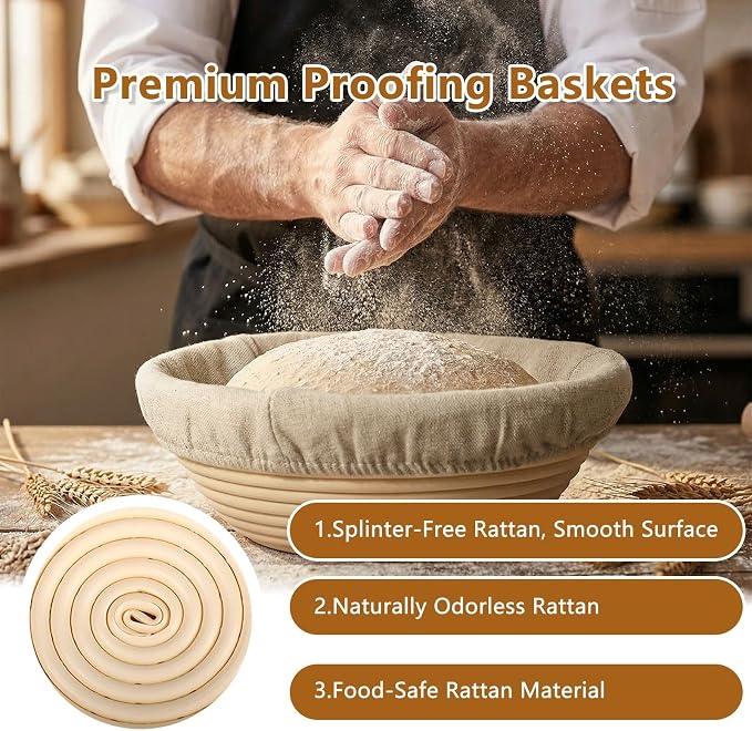 Banneton Bread Proofing Basket - Proofing Basket Set of 2 (10 inch Oval), Rattan Banneton with 2 Linen Liners for Sourdough Bread Baking Supplies, Bread Basket for Professionals and Home Bakers