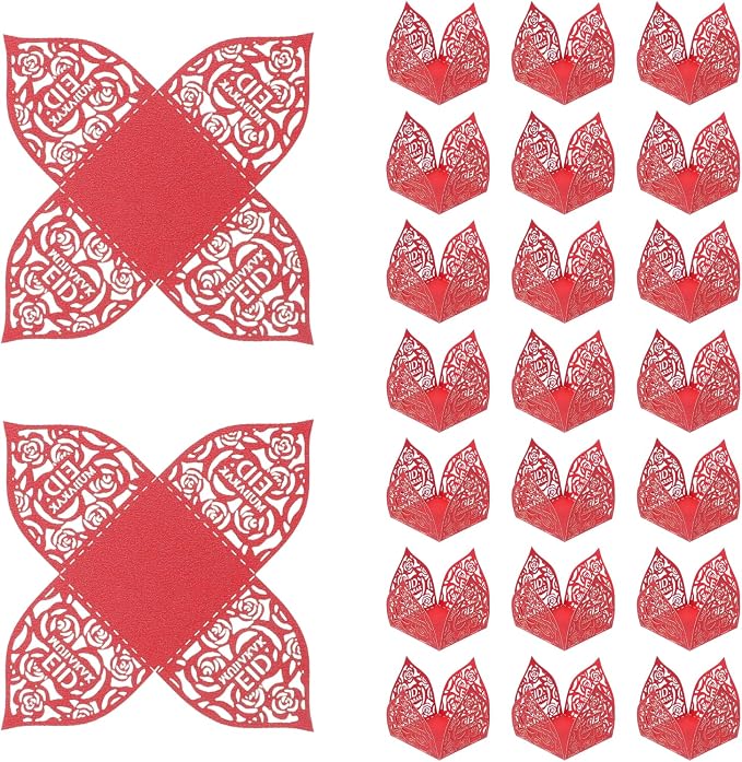 uxcell 25 PCS Truffle Wrappers 0.43x0.43 Inch Square Cupcake Liners Baking Wrappers Hollow Out Paper Dessert Cups for Wedding Birthday Red