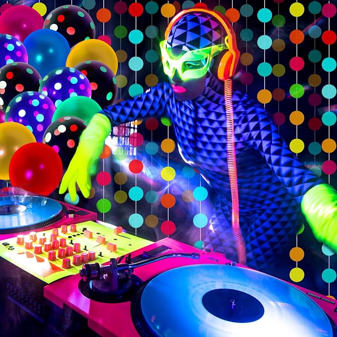 Skylety 32 Pcs Glow in The Dark Party Supplies Neon Party Favors with 25 Fluorescent Balloon 6 Rolls 98.4 ft UV Blacklight Luminous Tape 14.4 ft Neon Streamer Garland for Adults(Classic Big Dot)