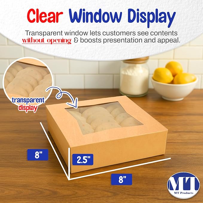 MT Products Kraft Cookie Boxes 8" x 8" x 2.5" - Auto Pop-Up Bakery Boxes with Window (Pack of 200) - Made in USA