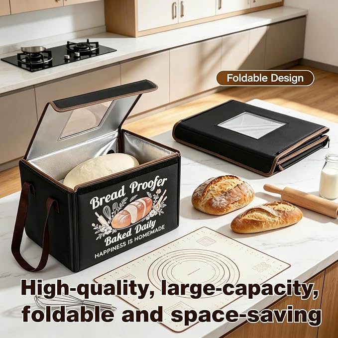 Folding Bread Proofing Box, 3-Sided Heating Dough Proofer with 50-113℉ Temp Control & Metal Rack, Bread Proofing Container for Home Baking, Pizza Dough, Sourdough Starter & Yogurt Making Black