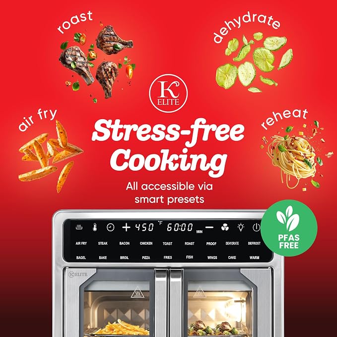 Kitchen Elite 16 Quart French Door Air Fryer Oven – Family Size Countertop Convection Cooker with LED Display, Stainless Steel