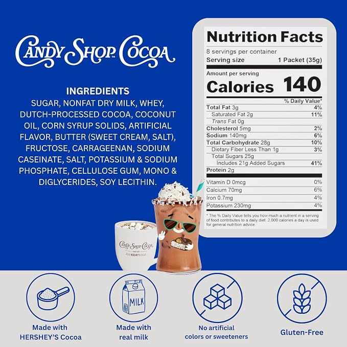 Candy Shop Cocoa ALMOND JOY Cocoa Mix, Hot Chocolate, Make Hot or Iced Cocoa, Made with Real Milk, Gluten Free, Rich Chocolate, Tropical Coconut & Almond Flavors, 1.25 oz packet (pack of 24)