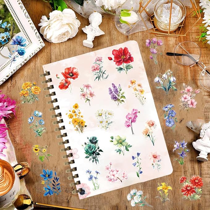 Transparent Watercolor Floral Stickers - 50PCS Aesthetic Flower Stickers Waterproof PET Decals for Journaling, Scrapbooking, Water Bottles, Laptops, Perfect for Plant Lovers & Craft Enthusiasts