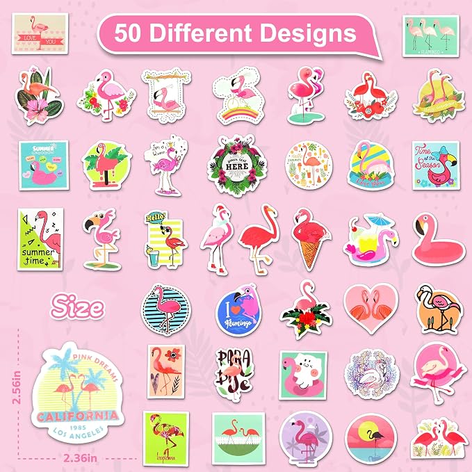 50 Pcs Flamingo Stickers for Kids Girls Water Bottles Laptops Scrapbook Decoration Party Favors Classroom Rewards Tropical Summer Pink Beach Waterproof Vinyl Decals