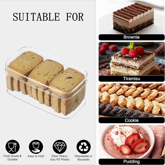 10OZ Rectangle Clear Plastic Cups with Lids and Sporks&Stickers Disposable Fruit Cups for Dessert,Tiramisu container with lid,Cupcake,Parfait,Pudding,Iced Cold Drinks,Fruits,Bakeries (50)