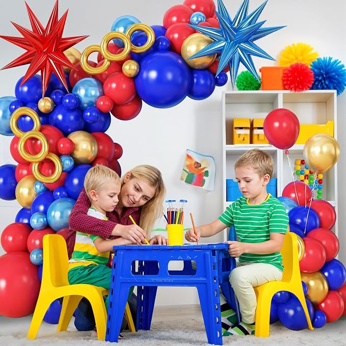 Red Blue Gold Balloons Arch Kit,Royal Blue Red Balloon Garland Kit with Star Balloon Foil Balloons for Boys Girls Birthday Party Decorations