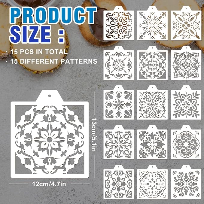 Whaline 15 Pcs Floral Tile Cookie Stencils Chinoiserie Toile Tiles Airbrush Painting Stencils with Bead Chain Decor Biscuit Coffee Cake Baking Reusable Templates for DIY Crafts Birthday Party
