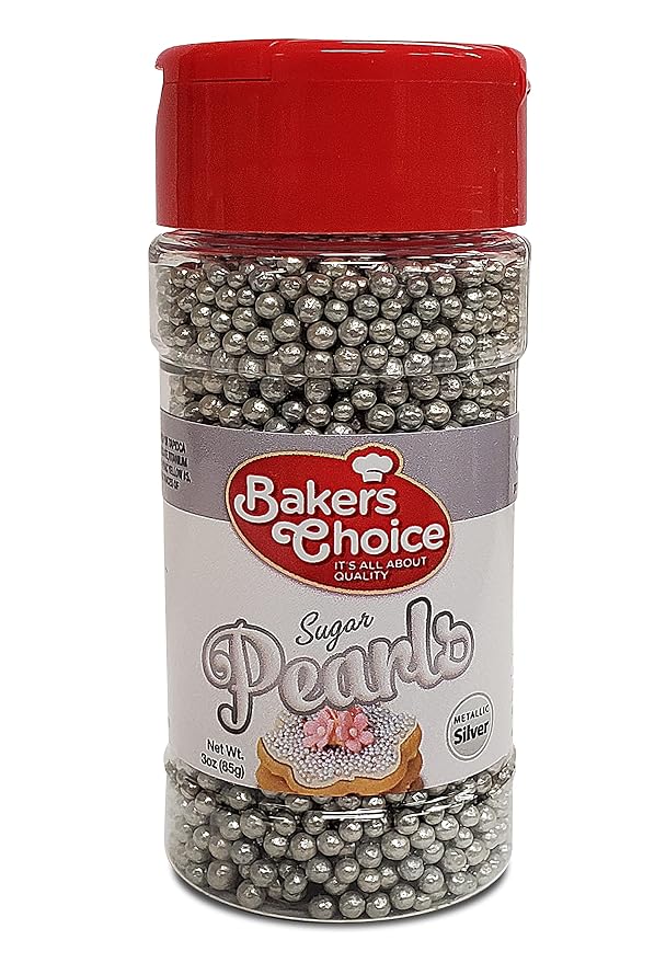 Baker's Choice Edible Pearls - Pearl Sprinkles - Metallic Silver Sugar Pearls - Dairy Free - Kosher - 3 oz.