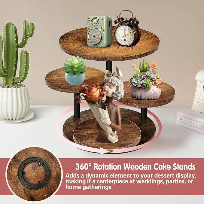 NANXITU 4 Tier Cupcake Tower Stands for 50 Cupcakes,360° Rotatable Round Cup Cake Stand with Tiered Tray,Farmhouse Wooden Dessert Table Display Stands for Wedding Birthday Baby Shower Tea Party