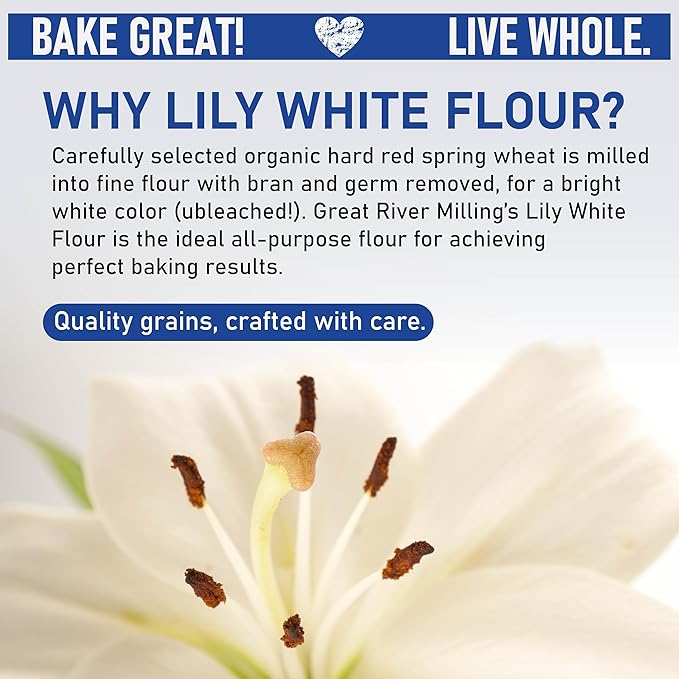 Great River Milling Lily White Organic All-Purpose Flour | Unbleached & Unbromated | Non-GMO, Kosher | Ideal for Bread, Cookies, Cakes, Pizza Dough & Everyday Baking | 25 Lb