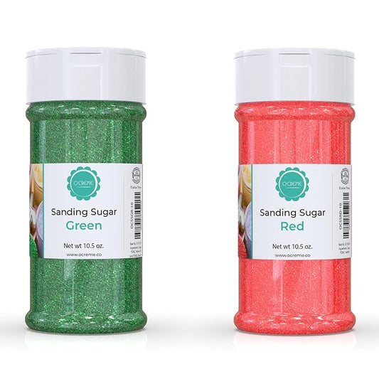 O’Creme Sanding Sugar for Cookie Decorating – Eye-Catching Christmas-Kit Sugar Crystals for Unique Cake Toppings, Cupcakes and Cookies – Ideal Decoration Solution - Red and Green, 10.5 Ounce Each