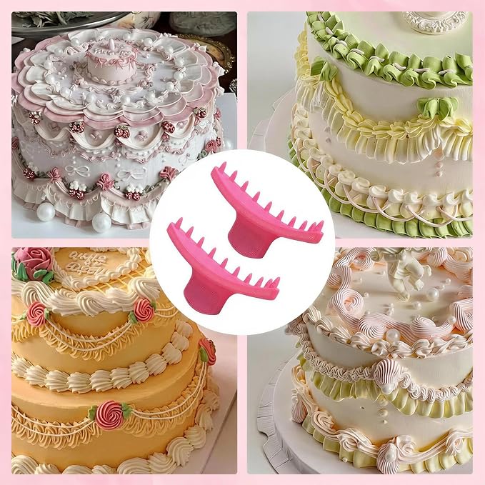 Cake Arch Guide Tool & Piping Guide Stencil, 16 Pcs Cake Decorating Tools with Frosting Scrapers and Piping Bag Set, Cake Ruffle Marker for 6"-10" Cakes (Pink)