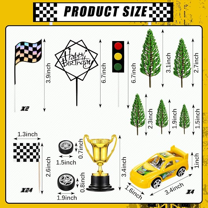 Yulejo 38 Pcs Racing Car Cake Topper with Race Cars Birthday Decorations Wheel Checkered Racing Flag Cupcake Topper Black Cake Race Cars Birthday Party Supplies Car Party Favor for Kid
