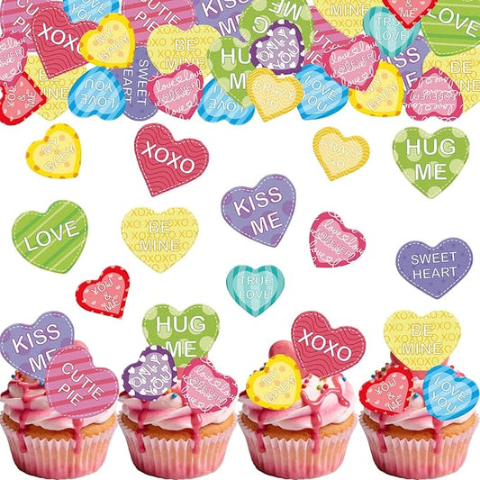 56PCS Edible Heart Cupcake Toppers Wafer Paper Sweet Love Be Mine Kiss Me Heart Cupcake Picks Colorful Heart Cake Decor for Valentine's Day Theme Party Decoration Supplies