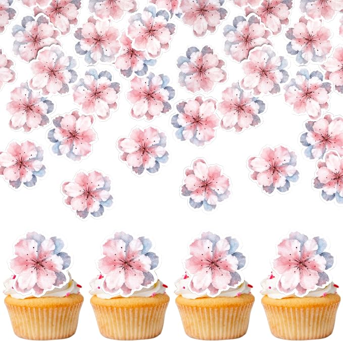60 PCS Edible Cherry Blossoms Cake Decorations Wafer Paper Cherry Blossoms Cupcake Toppers Edible Flowers Cake Toppers for Baby Shower Kids Birthday Party Cupcake Food Decorations Supplies Pink