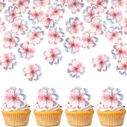60 PCS Edible Cherry Blossoms Cake Decorations Wafer Paper Cherry Blossoms Cupcake Toppers Edible Flowers Cake Toppers for Baby Shower Kids Birthday Party Cupcake Food Decorations Supplies Pink