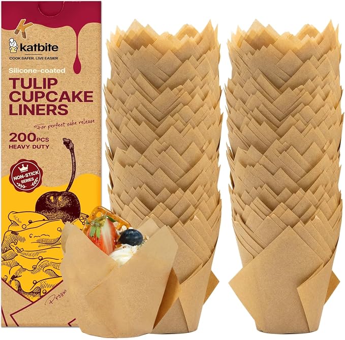 Katbite Tulip Cupcake Liners 200PCS, Muffin Baking Cups ProSmooth Brown