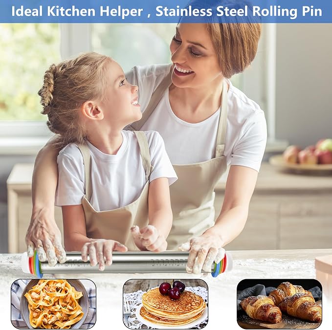 2 Pack Rolling Pin with a Silicone Baking Pastry Mat, Adjustable Rolling Pin with Thickness Rings, 17" Dough Roller for Baking Pizza, Pastry and Cookies, Kitchen Essential