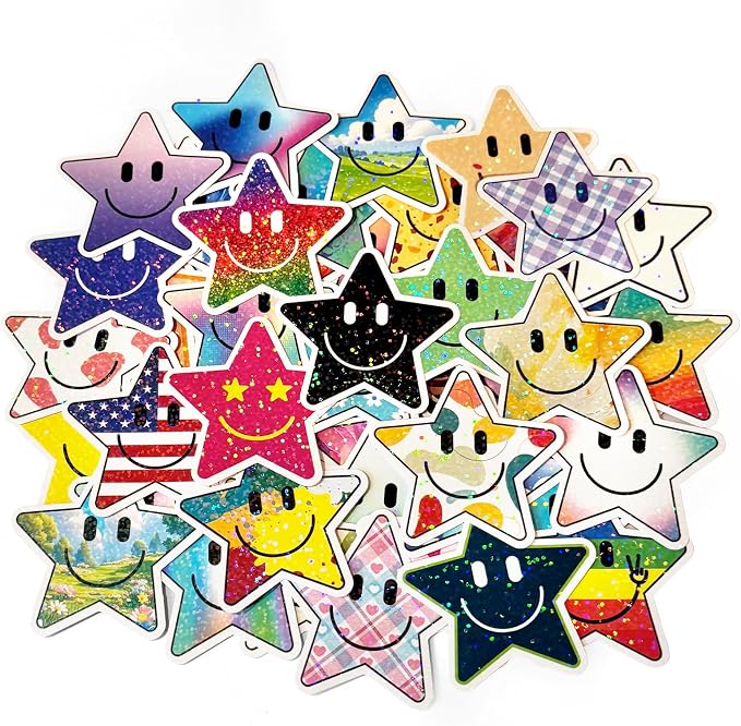 50PCS Smile Star Stickers, Glitter Stickers | Cute Water Bottle Stickers for Kids, Teaching Rewards, Notebooks, Stationery, Luggage, Cartoon PVC Smile Face Stickers