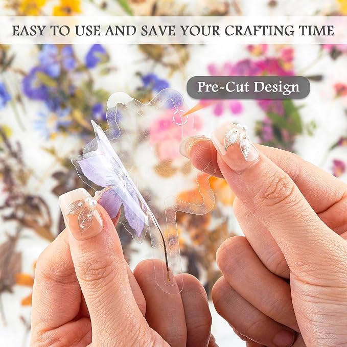 320PCS Pre-Cut Floral Stickers Set Small Flower Decal Journal Stickers PET Flower Sticker for Adult Card Making Letters DIY, Double Blade Line-Easy to Peel