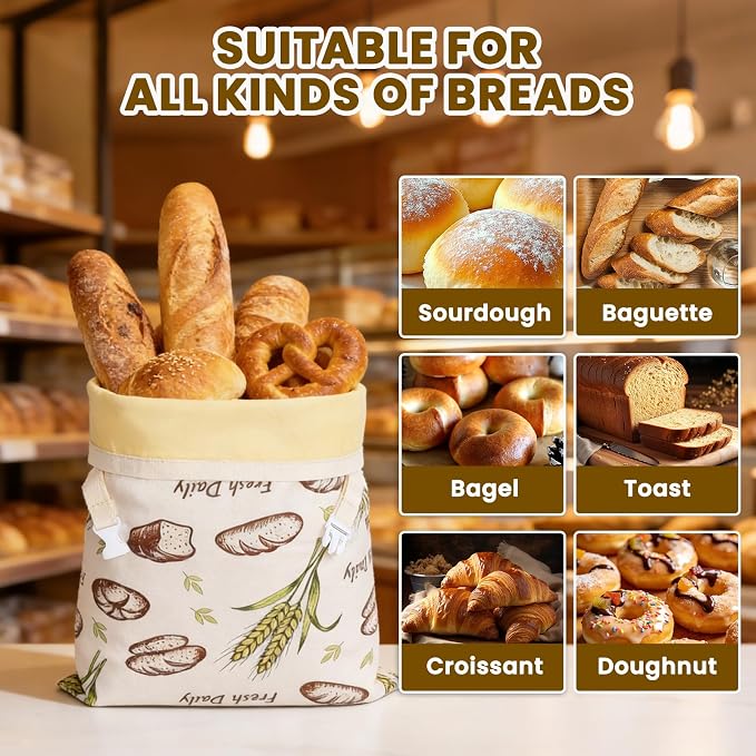 Beeswax Bread Bag for Homemade Bread Sourdough, 2 Pack Reusable Bees Waxed Infused Linen Wrap for Baguette Loaf Bread Freezer, Fresh Food Keeper Storage Container, Homesteading Essentials Ear of wheat