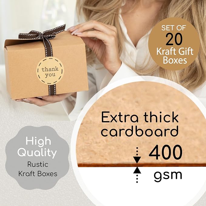 Brown Kraft Cookie Boxes with Ribbons & Stickers (20 Pack) 6.5” x 4” Small Cardboard Gift Boxes for Gift Giving, Baked Goods, Candy, Christmas, Decorative Food Packaging, Bakery Treats, Empty, Bulk