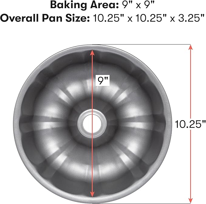 Cooking Light Heavy Duty Nonstick Bakeware Carbon Steel Fluted Tube Pan with Quick Release Coating, Manufactured without PFOA, Dishwasher Safe, Oven Safe, 9-Inch, Gray