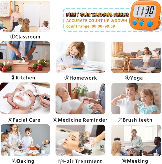 Timer for Kids Teachers Supplies Digital Kitchen Timers for Cooking Large Magnetic Classroom Timer 2Pack-Orange Green