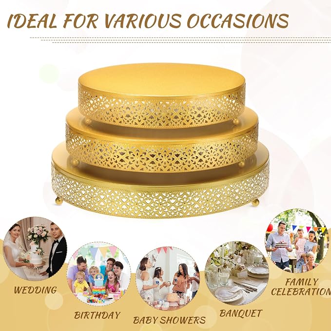Wenqik 3 Pcs Cake Stand 16'' 14'' 12'' Round Metal Cake Stand Bases Display Holder Cookies Serving Tray Display Plate Cupcake Dessert Pastry Riser for Wedding Birthday Party(Vintage Style,Gold)