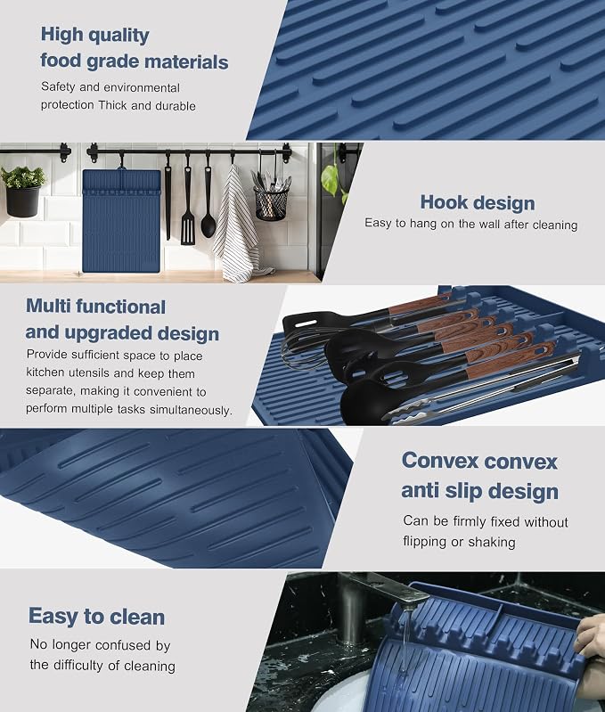 Silicone Griddle Tools Mat for Blackstone - Large Silicone Spatula Mat with Drip Pad - Griddle Mats BBQ Grill Accessories - Blackstone Griddles Accessories, Gifts for Men(Blue)
