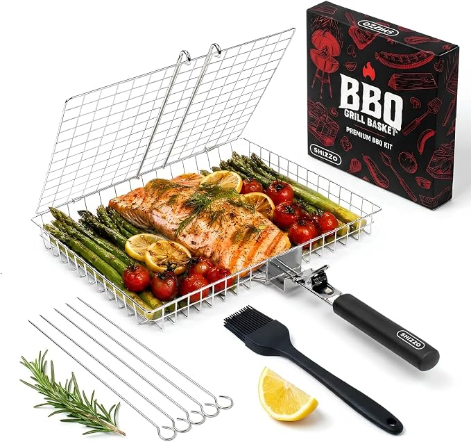 SHIZZO Grill Basket Gift Set - Removable Wooden Handle - Non-Stick Stainless Steel, BBQ Grilling Rack for Fish, Shrimp, Vegetables - Camping & Outdoor Smoker Accessories, Gifts for Dad, Husband