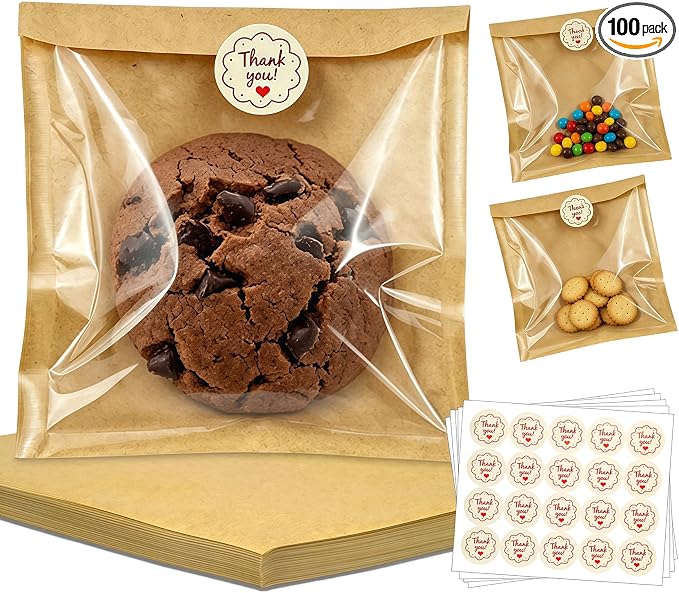 Cookie Packaging Bags with Seal- 100PCS 5.7x6.5 Inch Paper Bakery Bags with Window,Heat Sealable&Grease Resistant To Go Bake Sale Sleeves for Snack,Brownie,Treat, Donut,Cake Slice, Scone