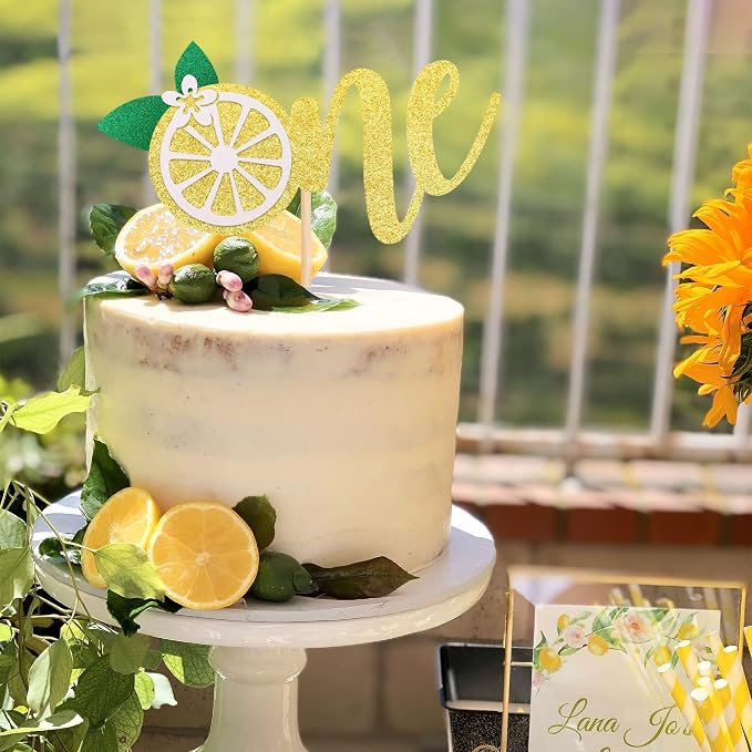 1 PCS Lemon 1st Birthday Cake Topper Glitter One Cake Pick Fruit Theme Lemonade Party First Birthday Decorations for Baby Shower Kids Boys Girls Party Supplies Gold