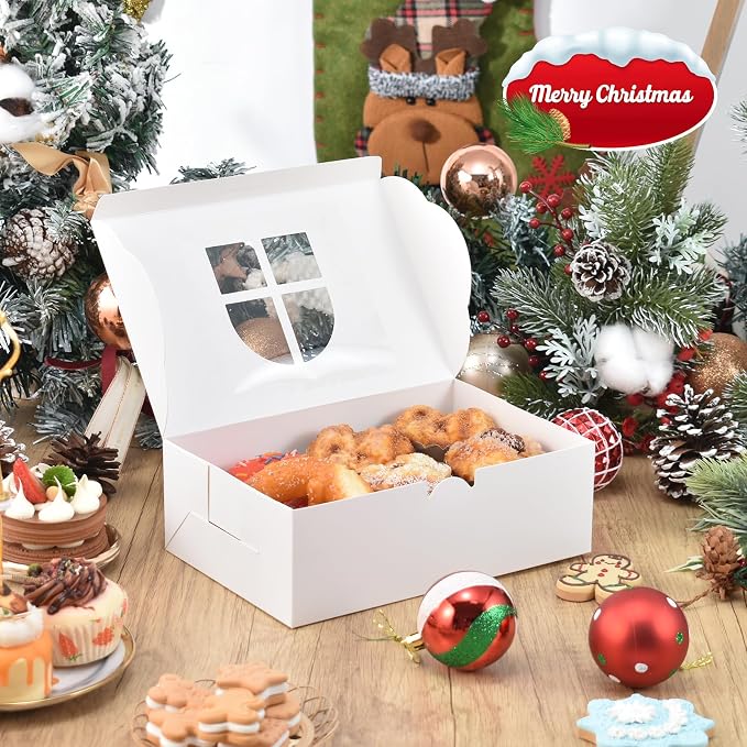 COTOPHER 18Pcs Christmas Cookie Boxes with Window, 9x6x3 inch White Bakery Boxes for Gift Giving, Kraft Treat Boxes Dessert Boxes for Cakes Donuts Chocolate Strawberries Pastries Muffins