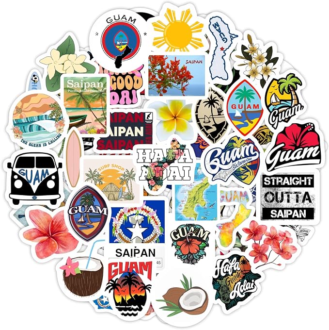 BulbaCraft 100Pcs Guam Stickers and Saipan Stickers for Water Bottle and Laptop - Saipan Party Supplies & Decorations, Waterproof Vinyl Decals, Gifts for Women & Men