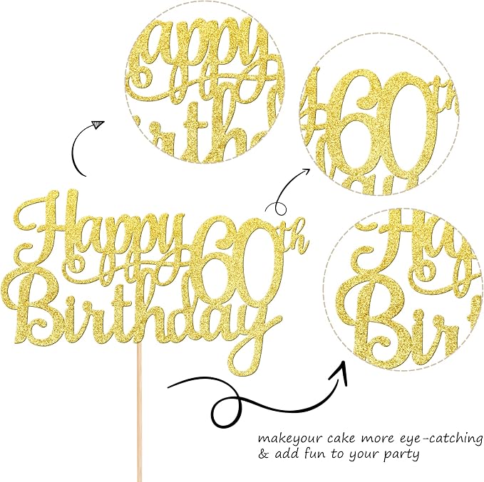 1 PCS Happy 60th Birthday Cake Topper Gold Glitter Cheers to 60 Years Birthday Cake Pick 60 Fabulous Cake Decoration for Happy 60th Birthday Anniversary Party Decorations Supplies