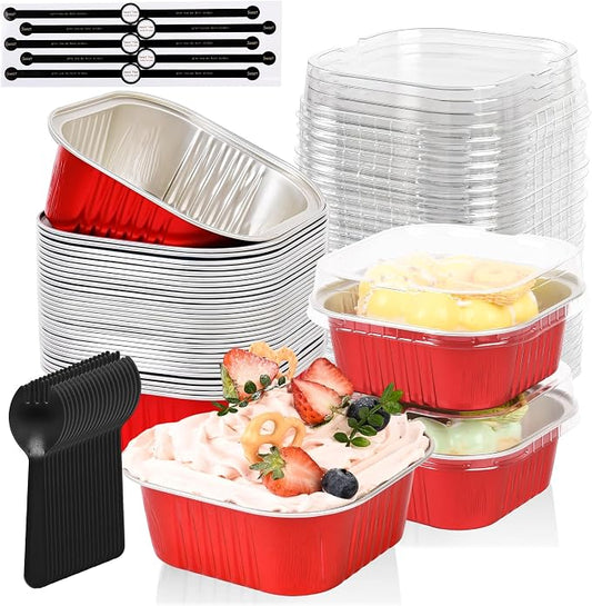 100 Pcs Mini Cake Pans with Lids, 5oz Square Aluminum Foil Brownie Baking Cups, Dessert Cupcake Cups with lids, Disposable Loaf Pans Cupcake for Wedding Birthday Party (Red)