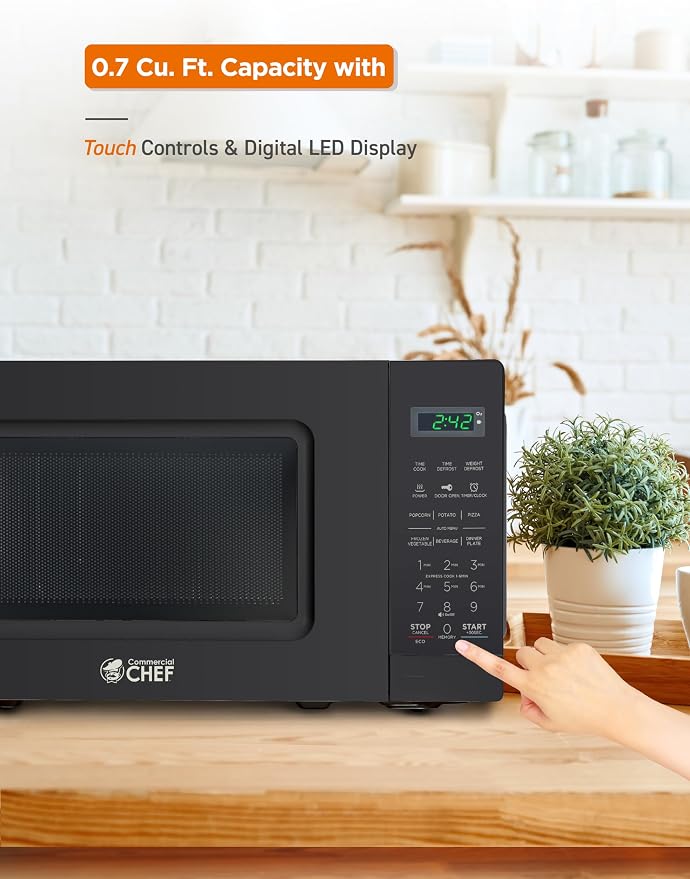 Commercial Chef 0.7 Cu. Ft. Countertop Microwave Oven, Touch Controls with Digital LED Display, 700W Small Microwave with 10” Turntable Plate, Push Button Door, 10 Power Levels, CHM7MB, Black