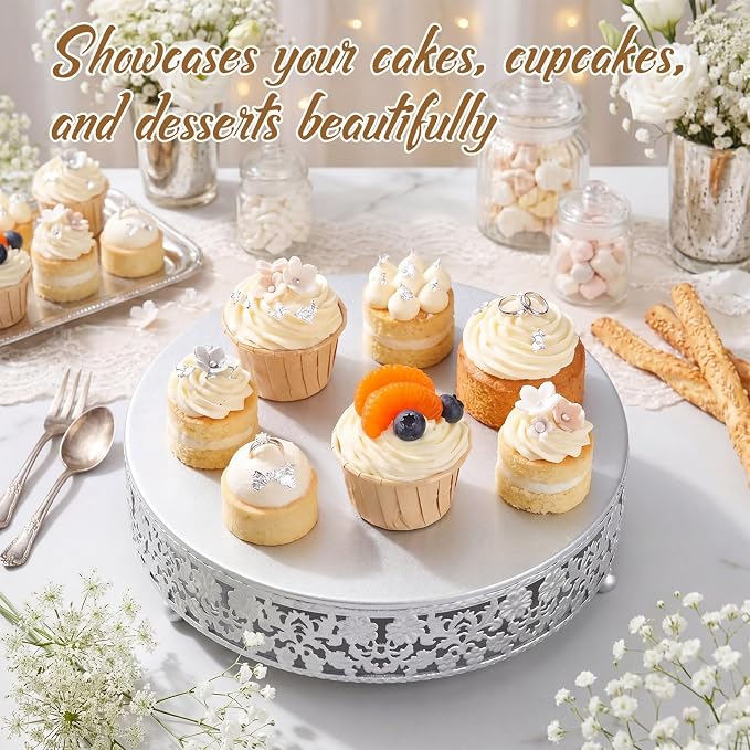 Wenqik 5 Pcs Metal Silver Cake Stand 16/14/12/10/8 Inch Round Cake Holder Display for Dessert Table Cookies Fruit Serving Tray Cupcake Pastry Riser for Wedding Birthday Party and Events