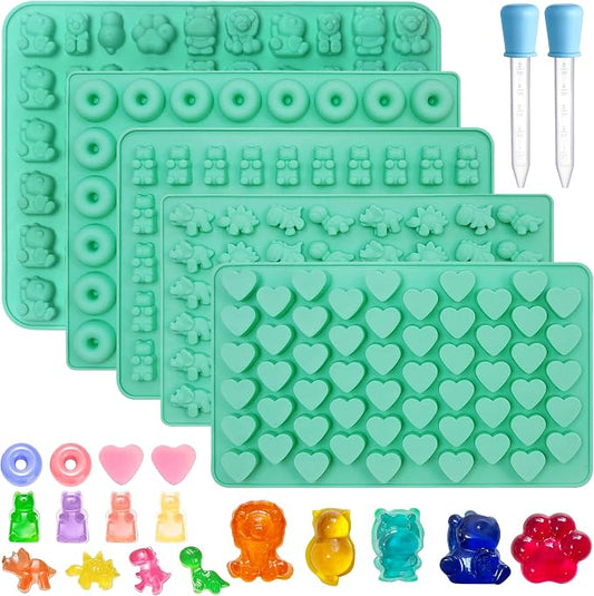 7Pcs Gummy Bear Molds Silicone, Nonstick Animals Gummy Molds Includes Bear, Lions, Lucky Cats, Hippopotamus, Gummy Candy Chocolate Molds for Kids with 2 Droppers for Convenient Filling