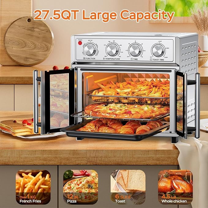 PlumChef 27.5 Qt Air Fryer Convection Toaster Oven, Stainless Steel | Extra Large, 6 Slices, French Door, 1700W, Multifunction: Air Fry, Toast, Grill, Defrost, Bake