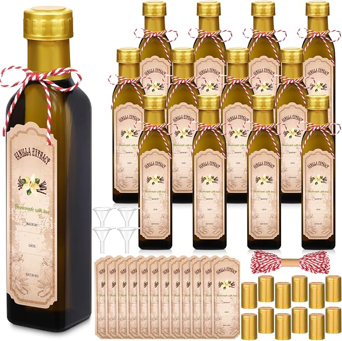 Tioncy 12 Pcs 8.5 oz Vanilla Extract Bottles for Homemade Vanilla Jar Amber Glass Square Bottle with Cap Shrink Band Sticker Syrup Food Storage Canister for Liquid Bean Sauce Spice Gift Giving(Gold)