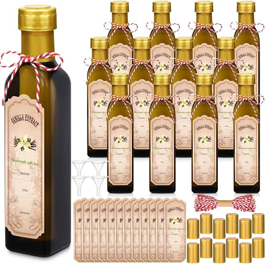 Tioncy 12 Pcs 8.5 oz Vanilla Extract Bottles for Homemade Vanilla Jar Amber Glass Square Bottle with Cap Shrink Band Sticker Syrup Food Storage Canister for Liquid Bean Sauce Spice Gift Giving(Gold)