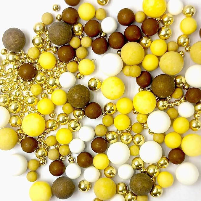 Edible Yellow Brown White and Gold Pearl Sprinkles 142g/ 5.01oz Mixed Color Size Pearl Sprinkles for Cake Decorating Candy Baking Decorations and Cookie Decorating for Wedding Parties Christmas