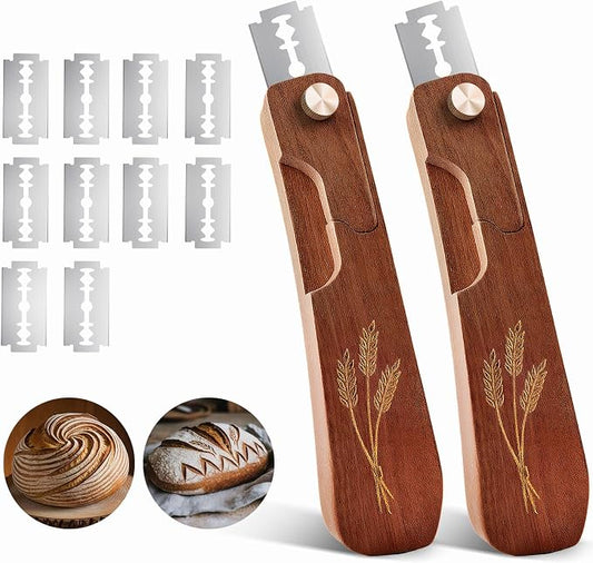 Wooden Bread Lame Dough Scoring Tool - 2 Pack, Handcrafted Bread Scoring Tool for Sourdough Bread Baking, Upgraded Sourdough Scoring Tool With Screw Lock & 10 Razor Blades