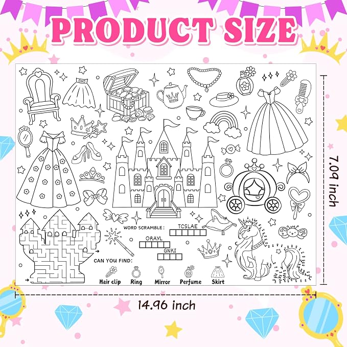 45pcs Princess Disposable Coloring Placemats Fairy Tale Crafts for Kids Birthday Party Favors Coloring Poster Castle Crown Unicorn Magic Tiara Activity Church Supplies Paper Table Mats