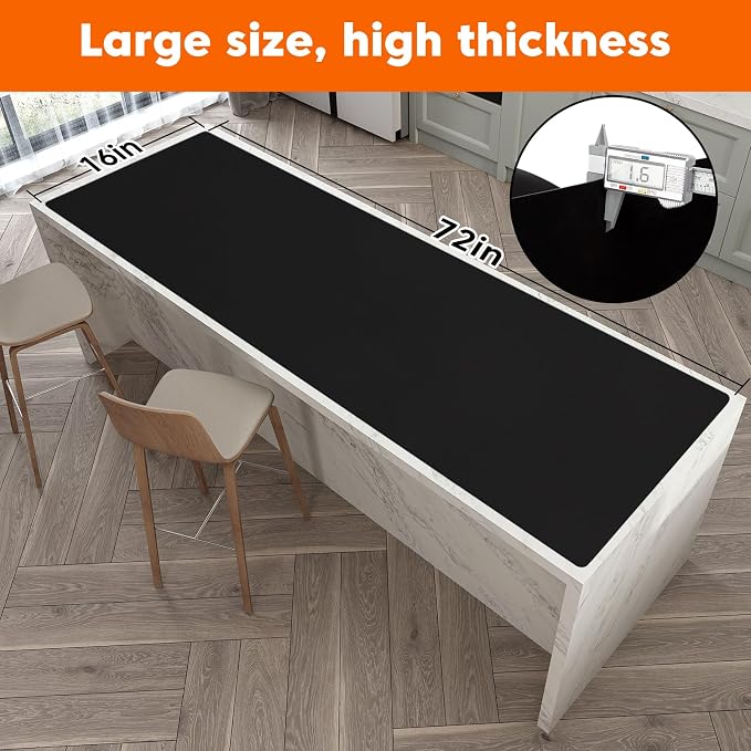 Large Silicone Mats for Kitchen Counter, 16" x 72" Heat Resistant mat, Food-Grade Silicone Pastry mat, Multi-Purpose Countertop Protector Mat, Skin-Friendly Surface,Freely Cuttable,Black
