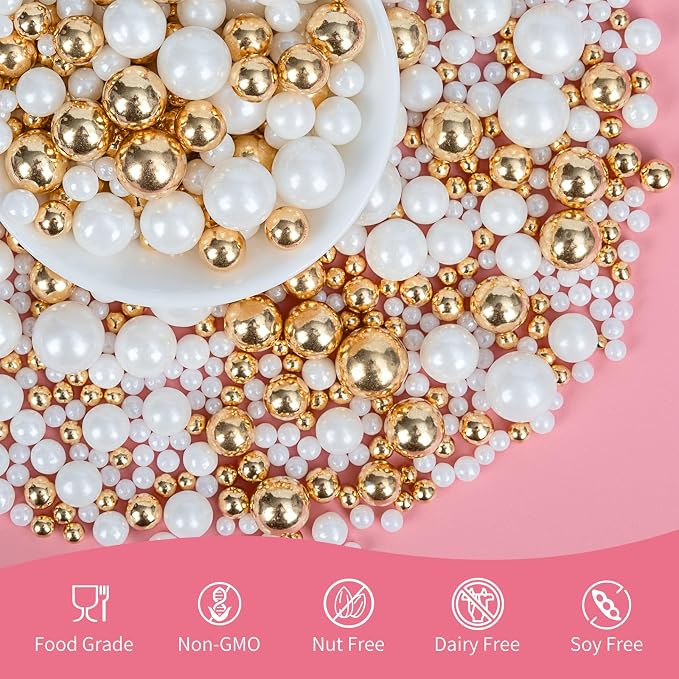 Edible Pearl Sprinkles,130g,White Gold Candy Mixing Size,Baking Pearls Sprinkle Edible Cake Decorations Cupcake Toppers,Cookie Decorating Celebrations Wedding Birthday Party Supplies